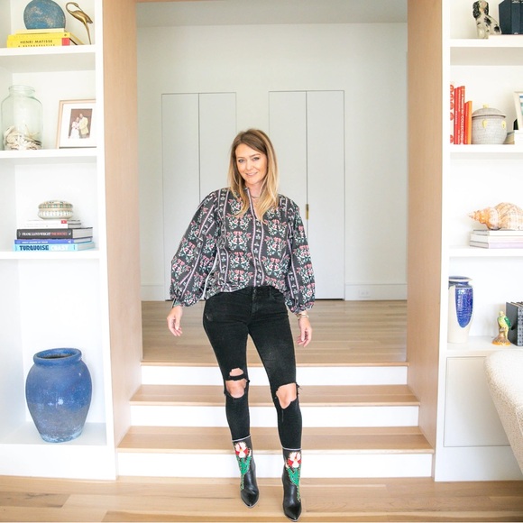 Brooke Wright Floral Long Ballon Sleeves Split Neck Willow Top Size L - Picture 7 of 8